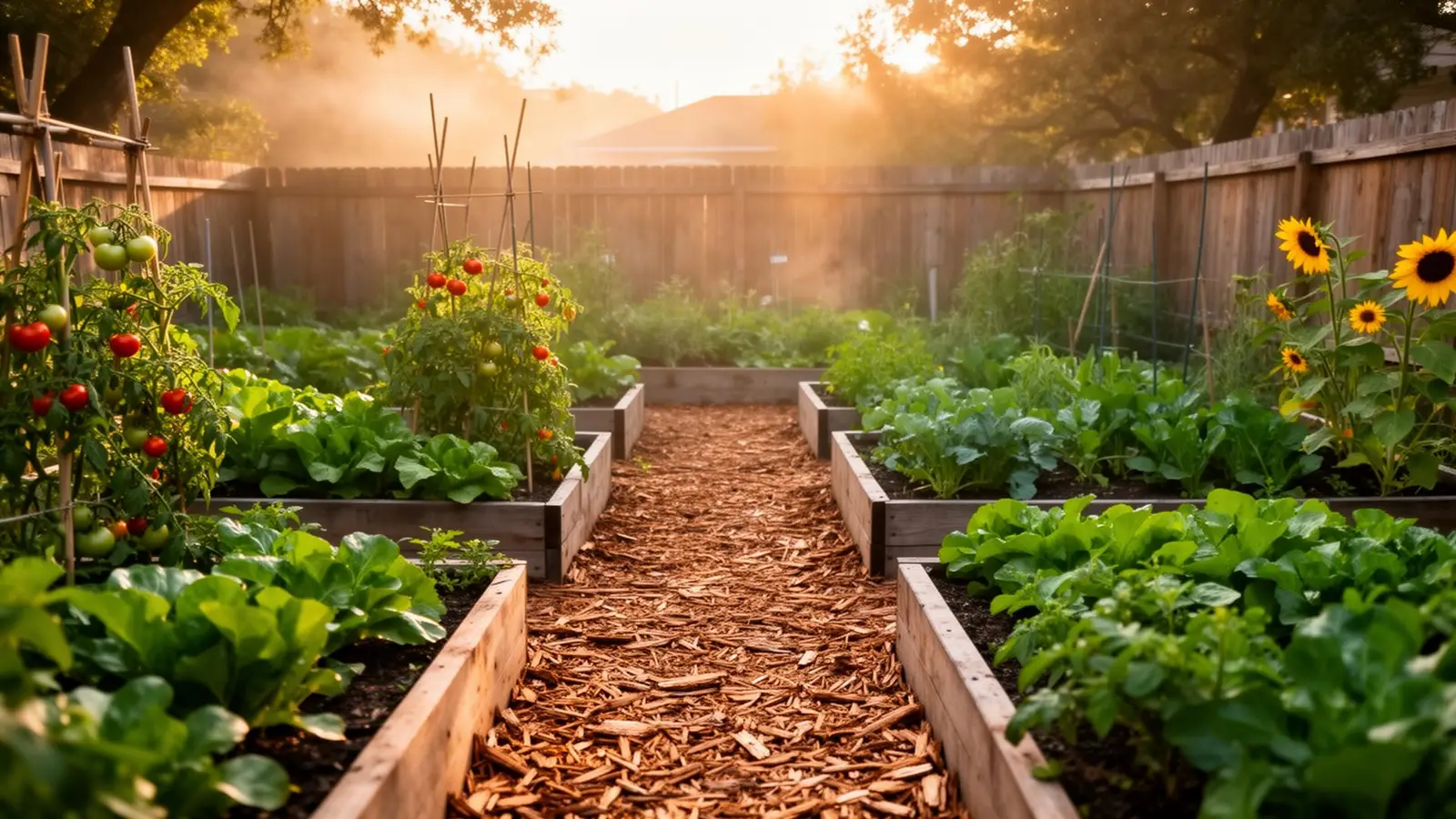 Sunlit Austin backyard garden with raised beds and wood chip pathways